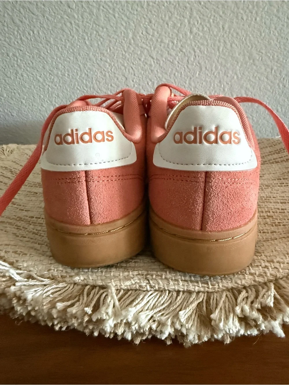 adidas Women’s Coral Pink Suede Sneakers with White Stripes